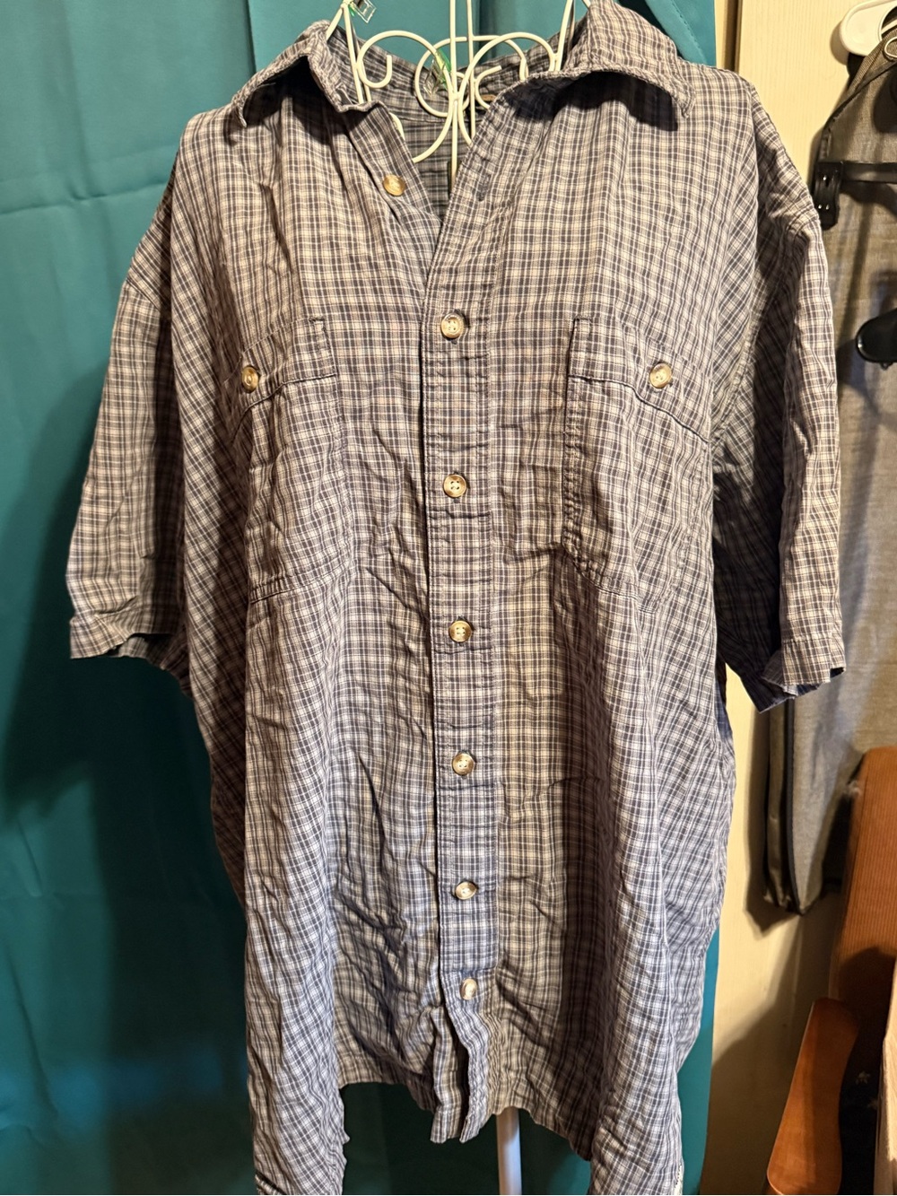 Eddie Bauer Blue Plaid Short-Sleeve Button-Down Shirt